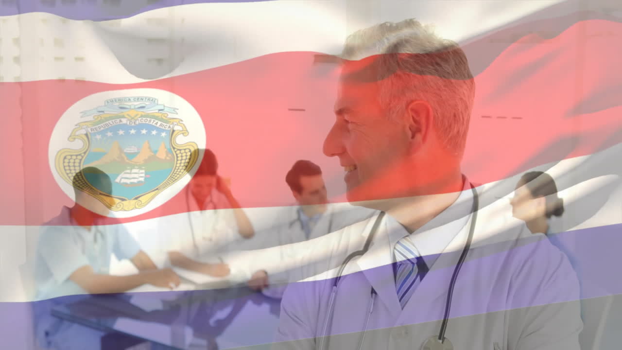 Doctors in meeting room with Costa Rica flag and coat of arms animation