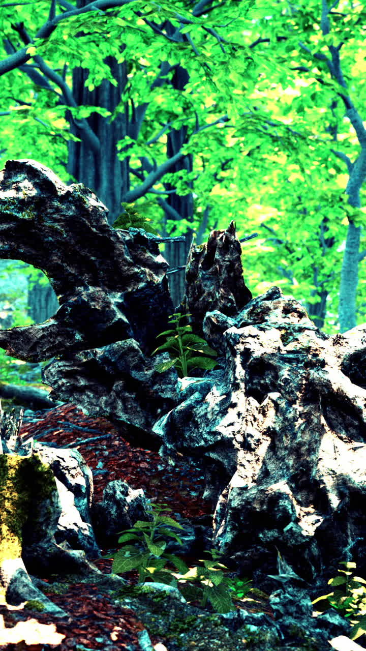 un bosque verde exuberante con grandes rocas y árboles