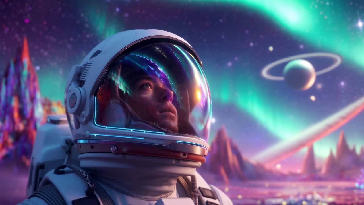 Astronaut betragter en livlig, kosmisk scene. Lav kameravinkel fanger forundringen. Videospilsstil. Live.