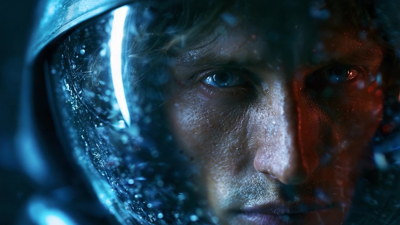Un'intensa esplorazione dell'emozione umana catturata attraverso un primo piano di un astronauta, che riflette determinazione e meraviglia di fronte alle sfide cosmiche.