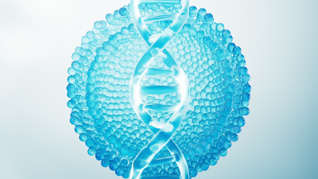 DNA and transparent biological blue cell, 3d rendering