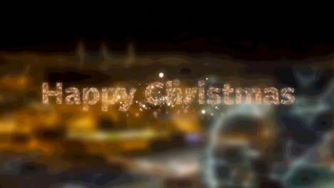 Fröhlicher-Weihnachtstext-über-Feuerwerk,-Das-Vor-Der-Luftaufnahme-Des-Nächtlichen-Stadtbildes-Platzt