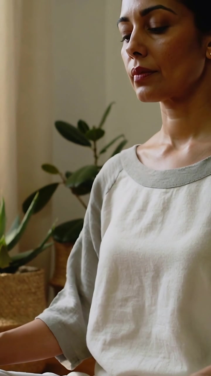 Video vertical: Cámara ascendente, mujer con ropa holgada acariciando un cojín suave, relajándose en casa junto a una planta.