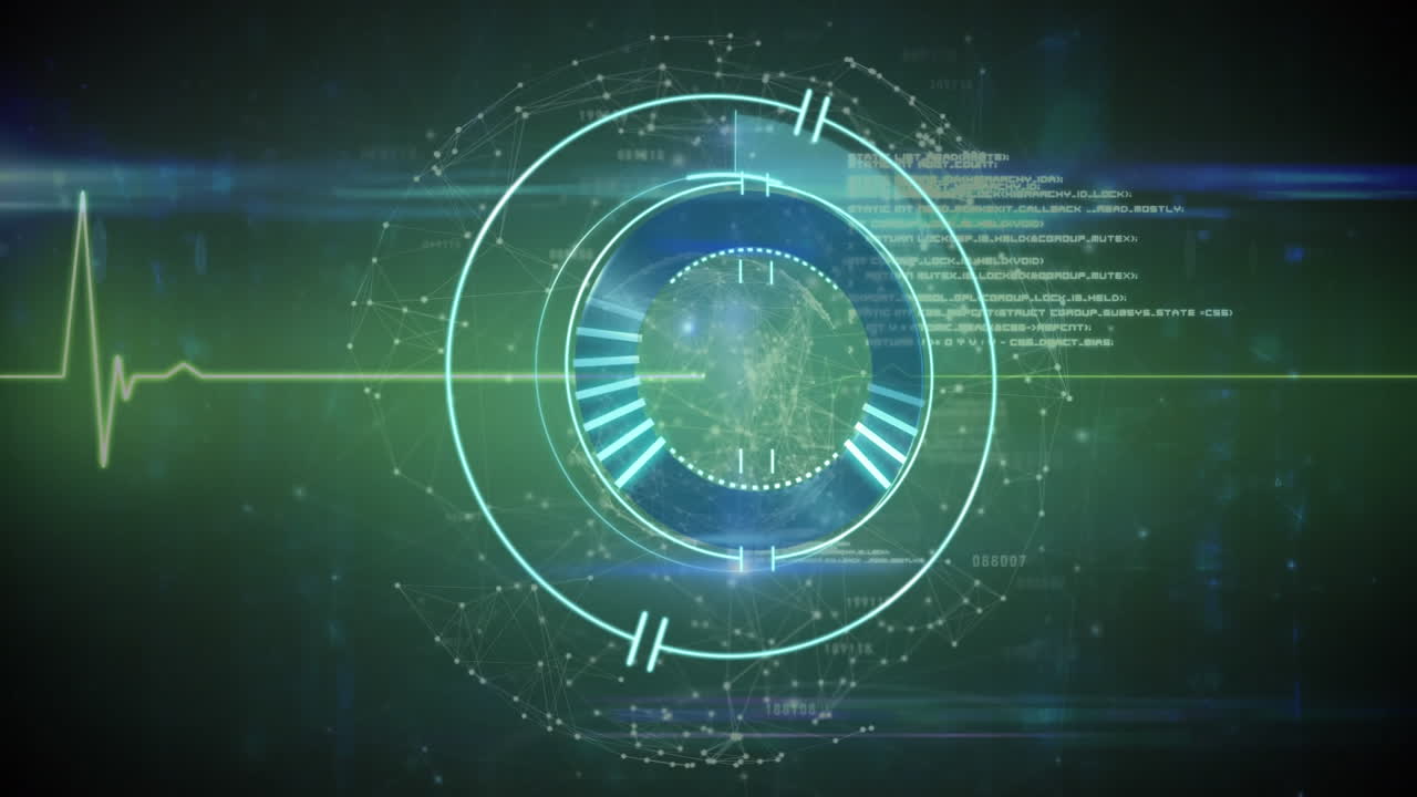 animación de escáner redondo de neón y monitor de frecuencia cardíaca contra el globo de la red de conexiones