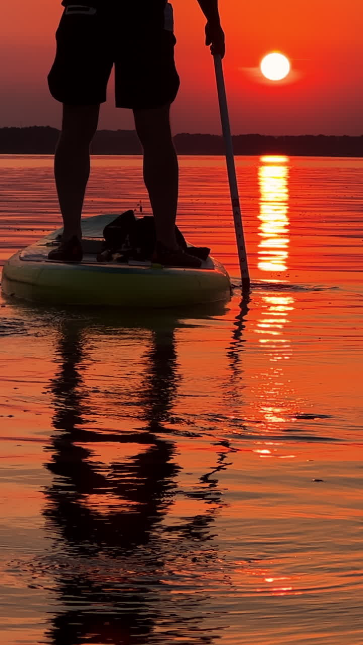 Blue and yellow sup board floating by the river with man standing on. Beautiful orange sunset at backdrop. Vertical video