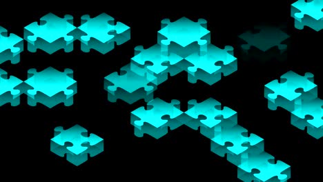 jigsaw puzzle 3d isometric virtual assemble moving blue color illustration on black background, seamless looping animation 4k with copy space