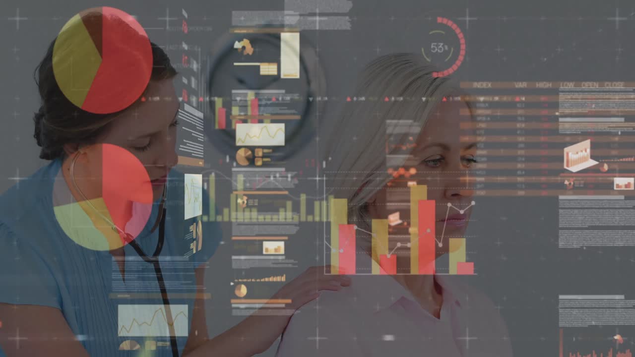 Animation of data processing over caucasian female nurse with patient talking