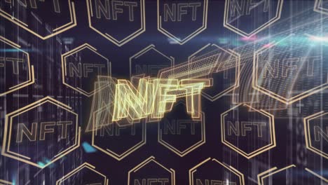 Animation-of-nft-over-nft-in-hexagons-over-navy-background