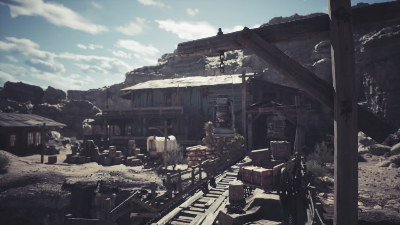 Old mining town with wooden structures and rail tracks under a cloudy sky