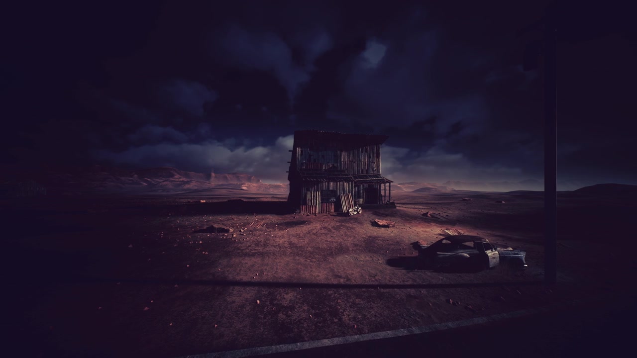 Scena ultraterrena di terra deserta sotto un cielo tempestoso e minaccioso.