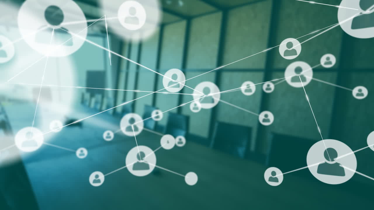 animación de la red de conexiones e íconos de usuario en el interior moderno de la oficina