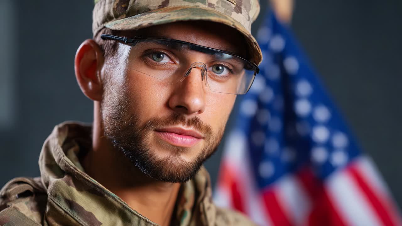 A confident soldier poses with a warm smile, showcasing determination and pride while wearing a military uniform and glasses against a backdrop of the American flag, representing service and commitment