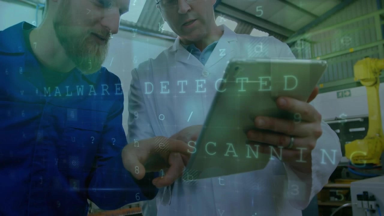 Animation of data processing over caucasian male workers in workshop
