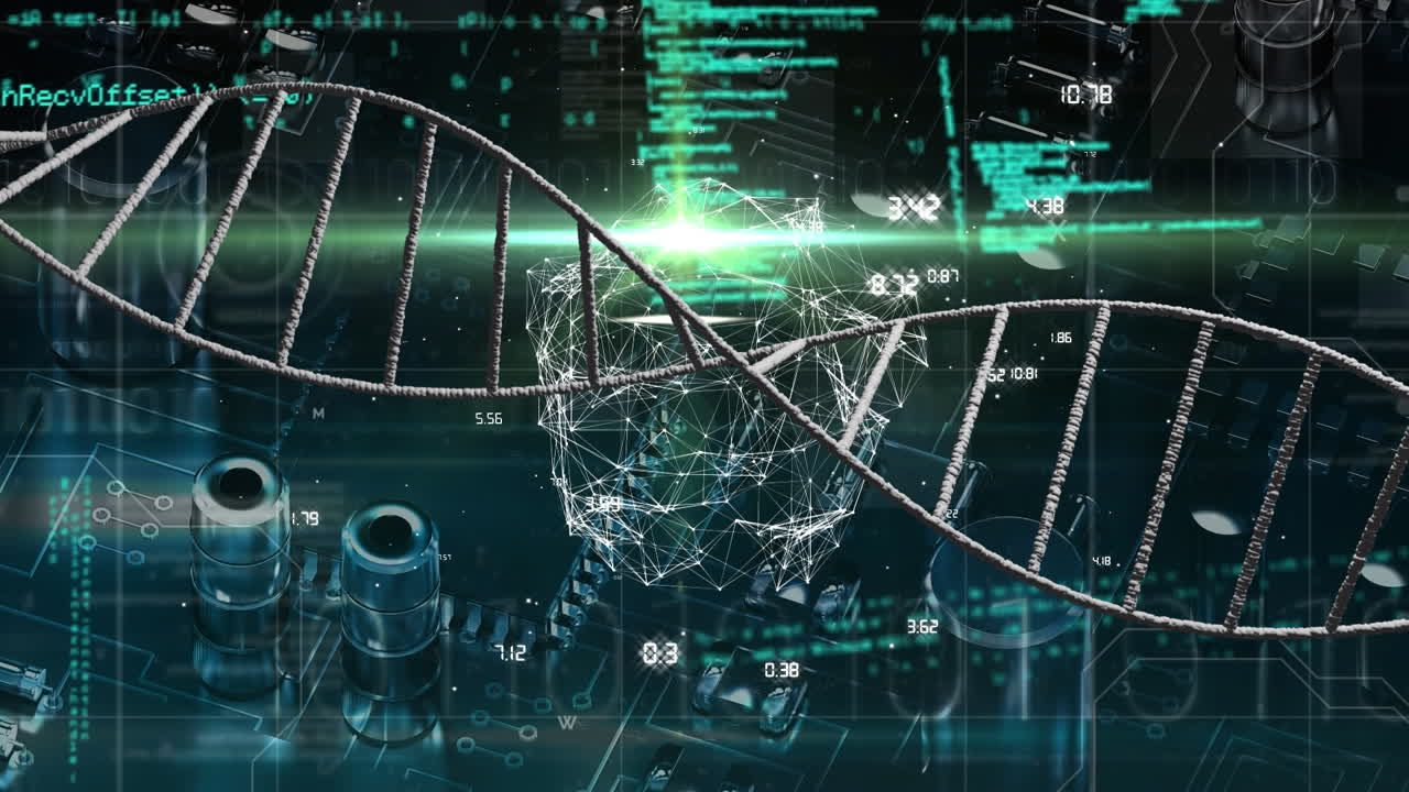 Animation of dna structures and data processing against close up of a motherboard