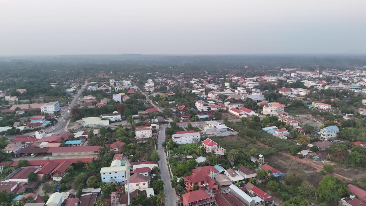 Rising up drone aerial shot of Krong Siem Reap, Cambodia