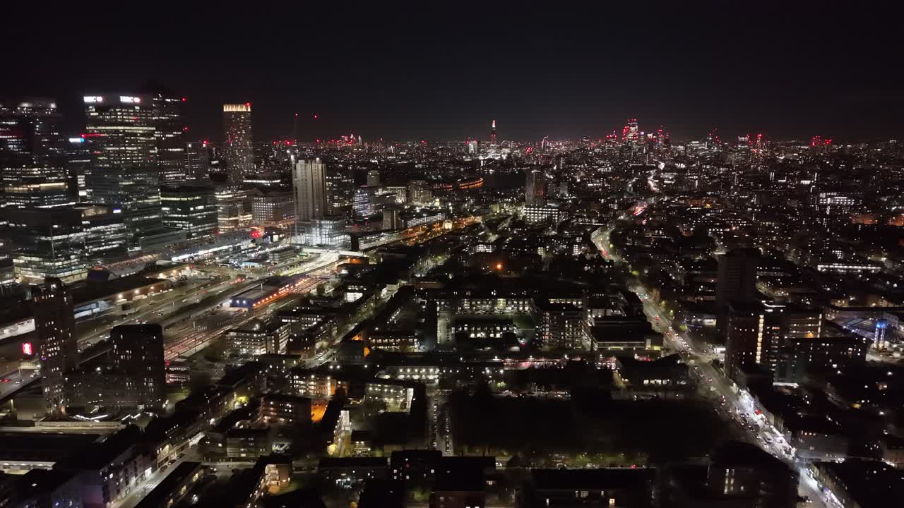 East London Night Aerial Panning Over Roads, Streets and Houses 4K footage
