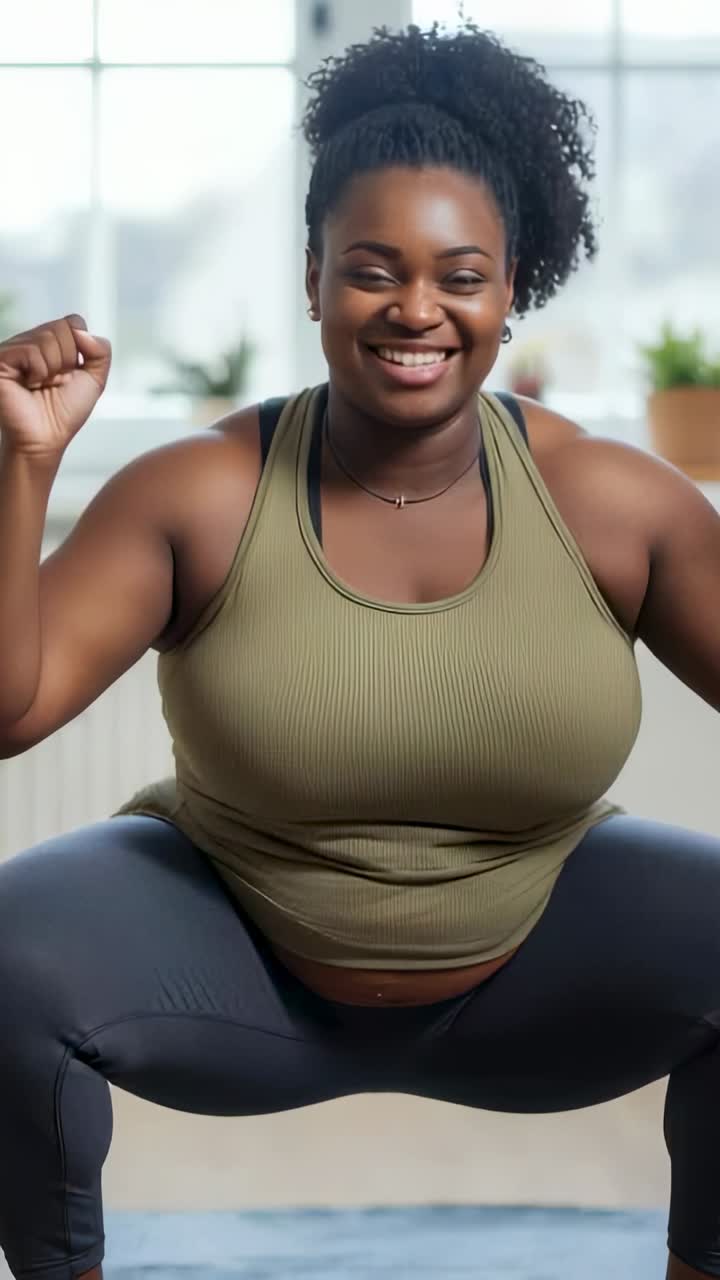 Vertical video: Smiling, instructor performing squat cycles on yoga mat in home gym, showing form