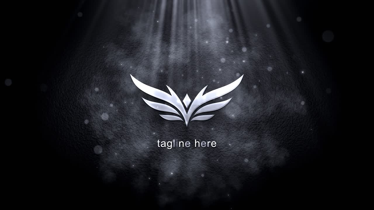 Rivelazione Elegante del Logo con Raggi di Luce e Particelle su Sfondo Scuro