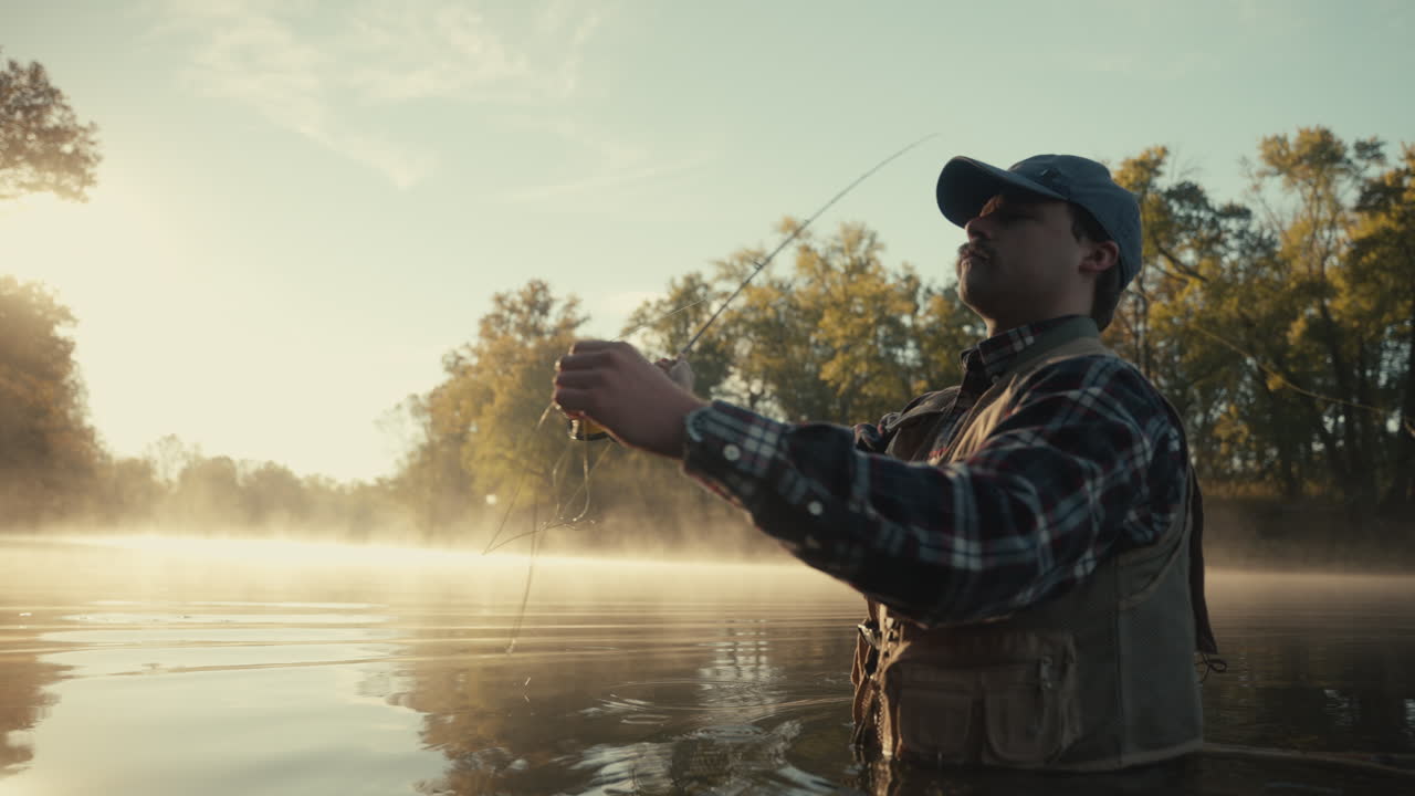 Man fly fishing in a misty river at sunrise