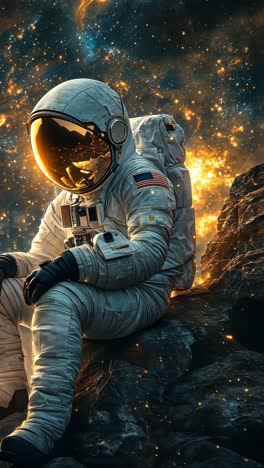 astronaut resting on rocky surface in a starry cosmic landscape