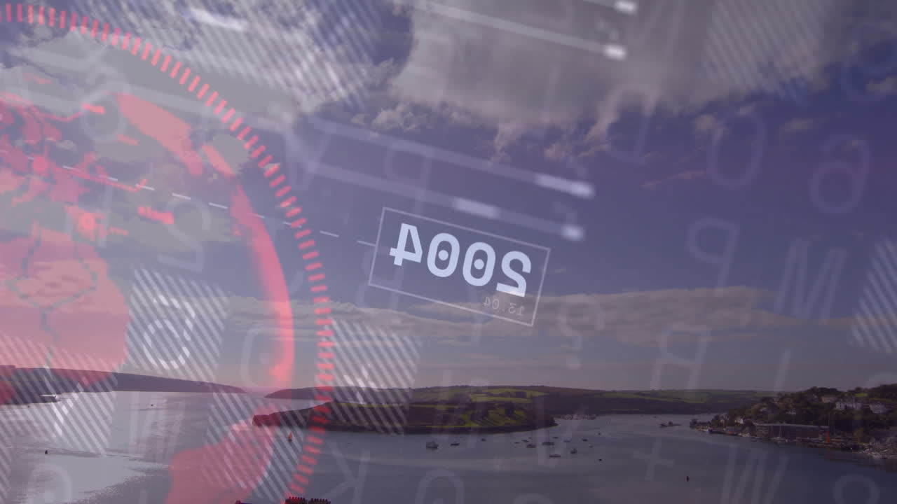 Coastal bay panorama displaying floating red HUD overlay with numeric readouts and binary code