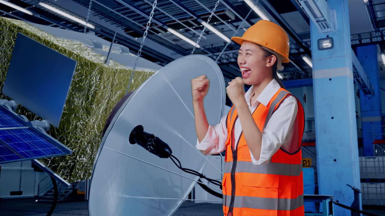 위성 프로젝트의 성공을 축하하는 엔지니어