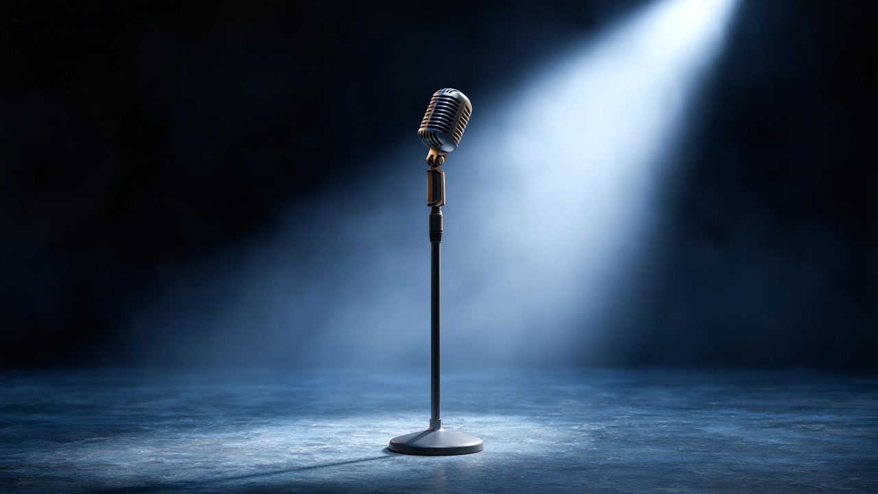 Un microfono solitario sul palco illuminato da luci drammatiche, che cattura l'essenza della performance e dell'espressione in un'atmosfera poco illuminata.