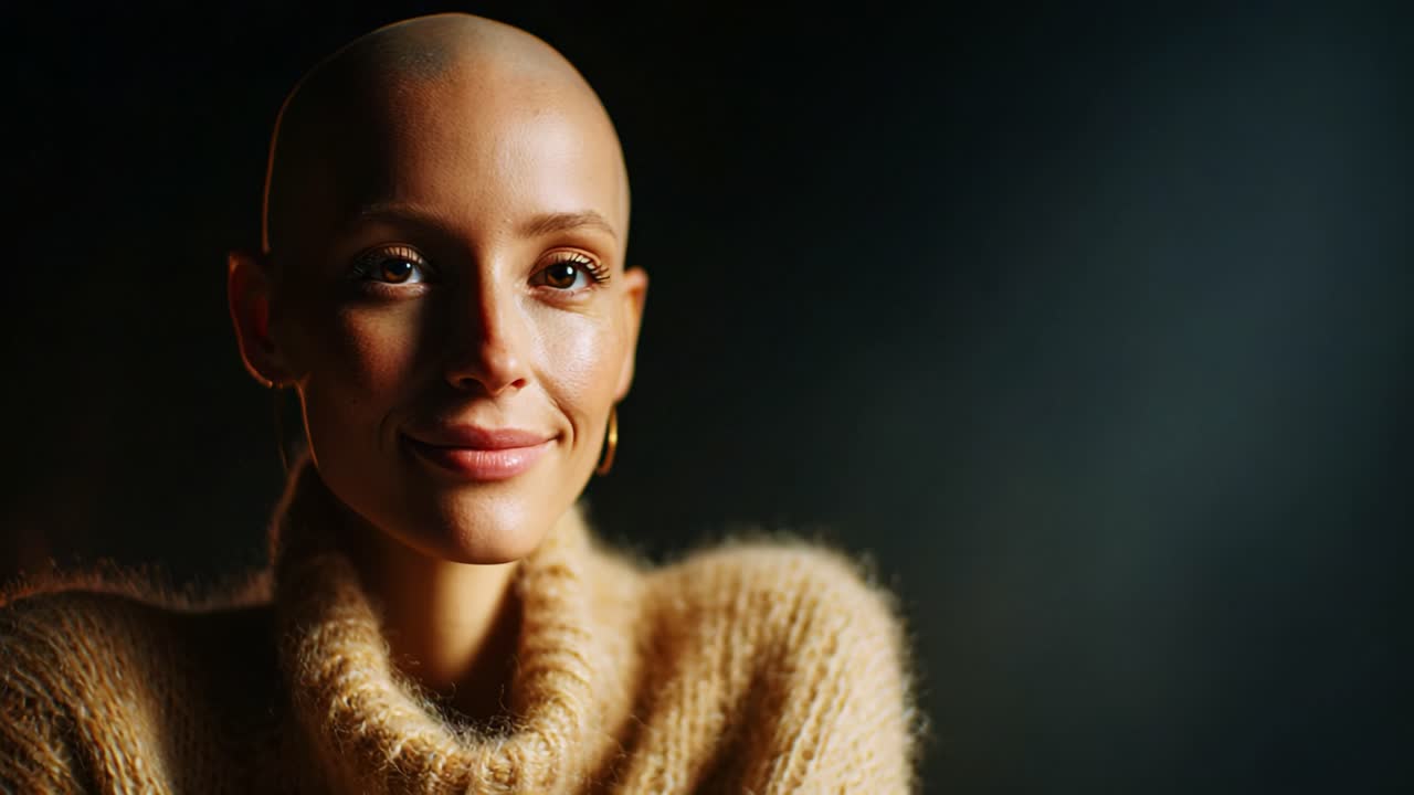 Una donna raggiante con la testa rasata e un sorriso caloroso, che indossa un morbido maglione beige, cattura l'essenza della sicurezza e della bellezza in un'atmosfera delicatamente illuminata con ombre tenui