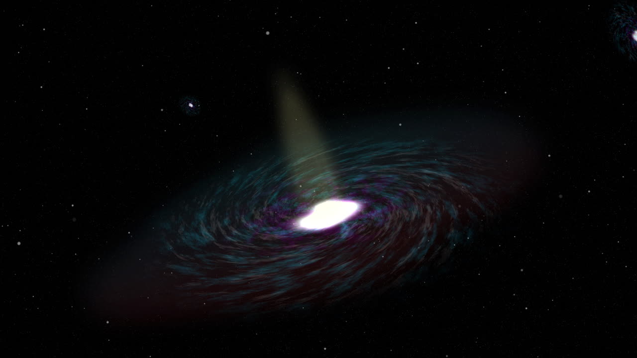 다채로운 은하계는 회전하고 태양 폭발과 같이 깊은 우주로 빛의 입자를 방출합니다. 배경에는 많은 반 ⁇ 이는 별들이 있습니다.