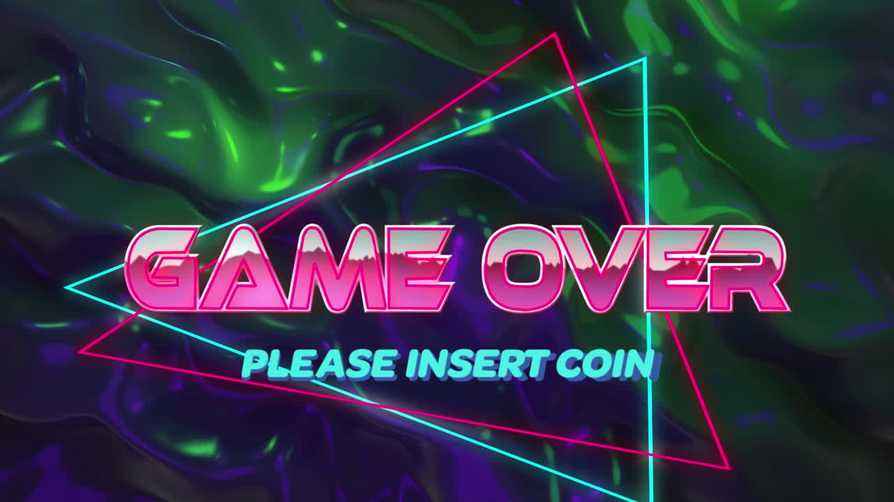 단어의 애니메이션 게임은 파란색 단어와 함께 끝납니다. 다채로운 네온 삼각형으로 동전을  ⁇ 입하십시오.