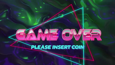 animation of words game over with blue words please insert coin with colourful neon triangles