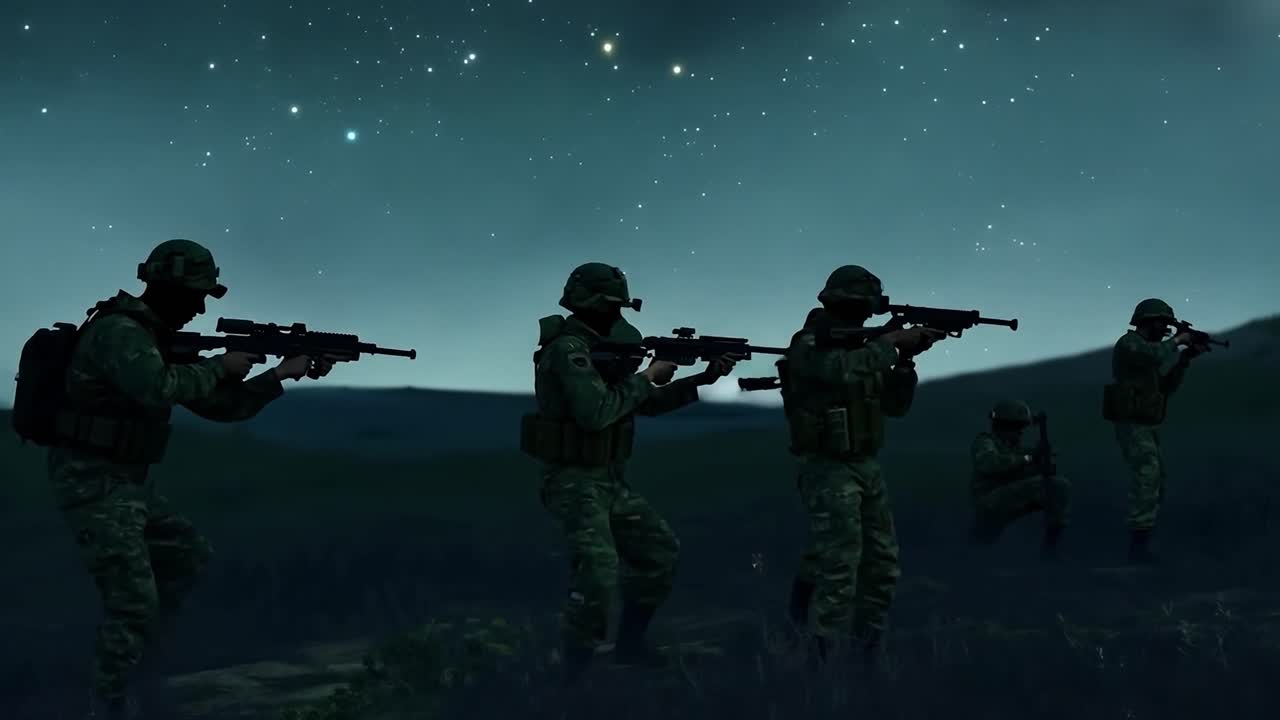 Silhouettes of soldiers in combat at night