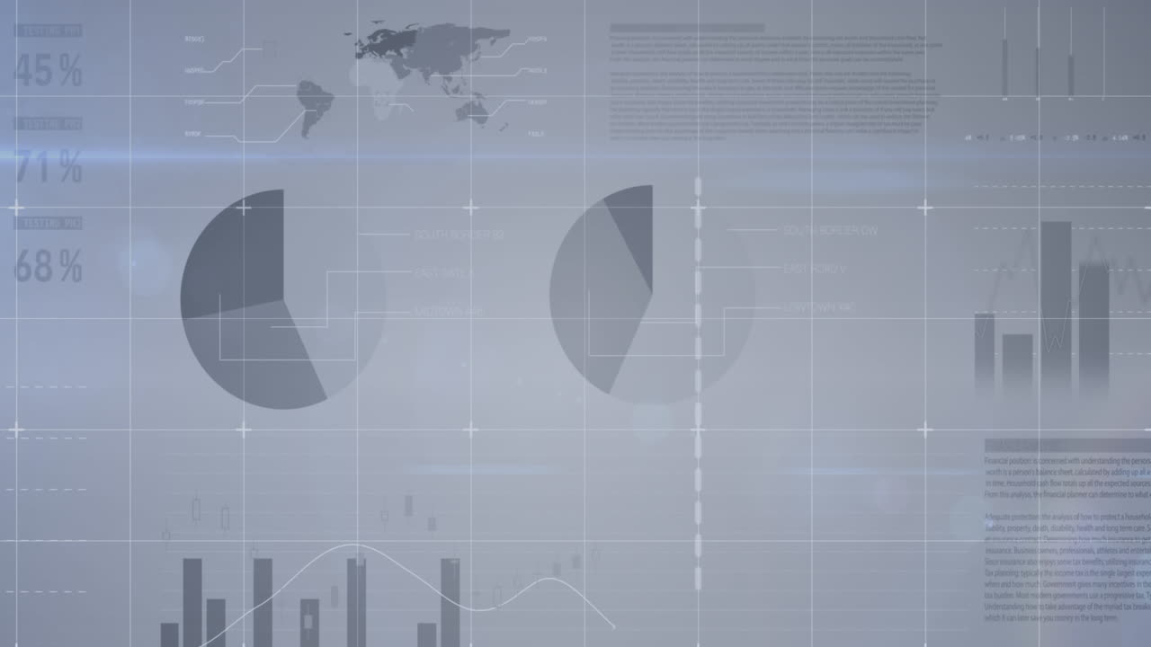 Animation of screens with statistical data processing over grid network against grey background