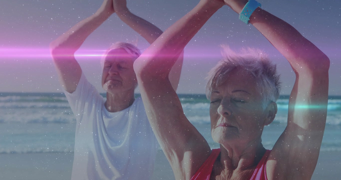 Woman leading yoga flow from chest-pressed hands, man mirroring at beach, flares aiding health