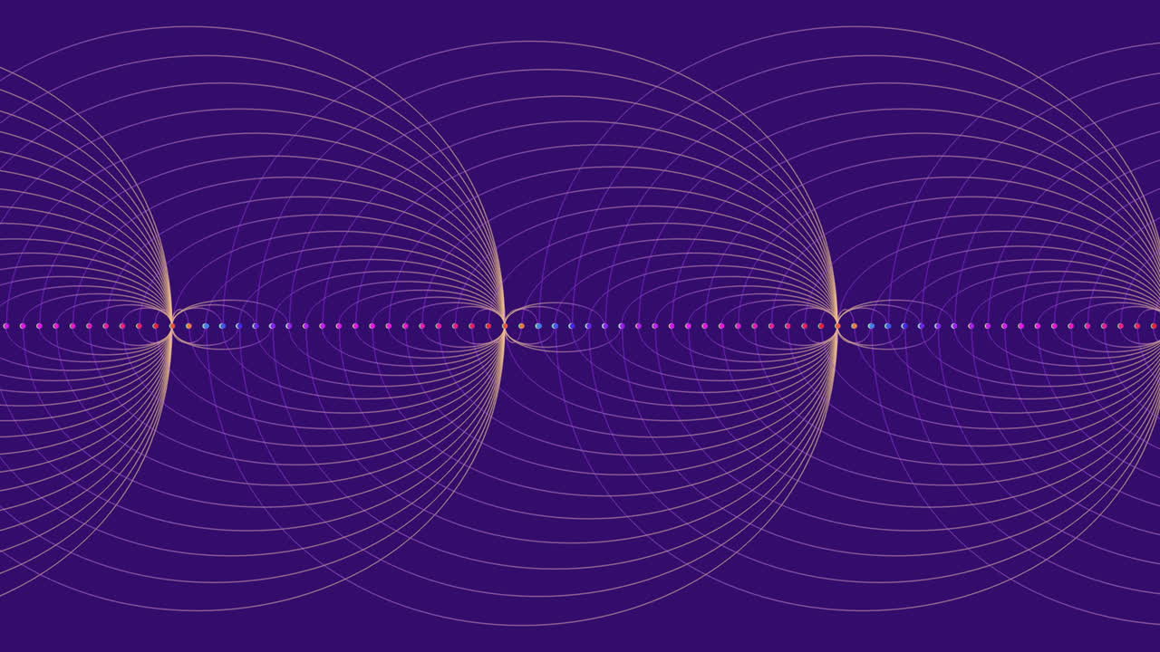 Seamless abstract of an electromagnetic wave field with glowing circular energy lines and particles on a dark background, ideal for science, technology, physics or futuristic motion design projects