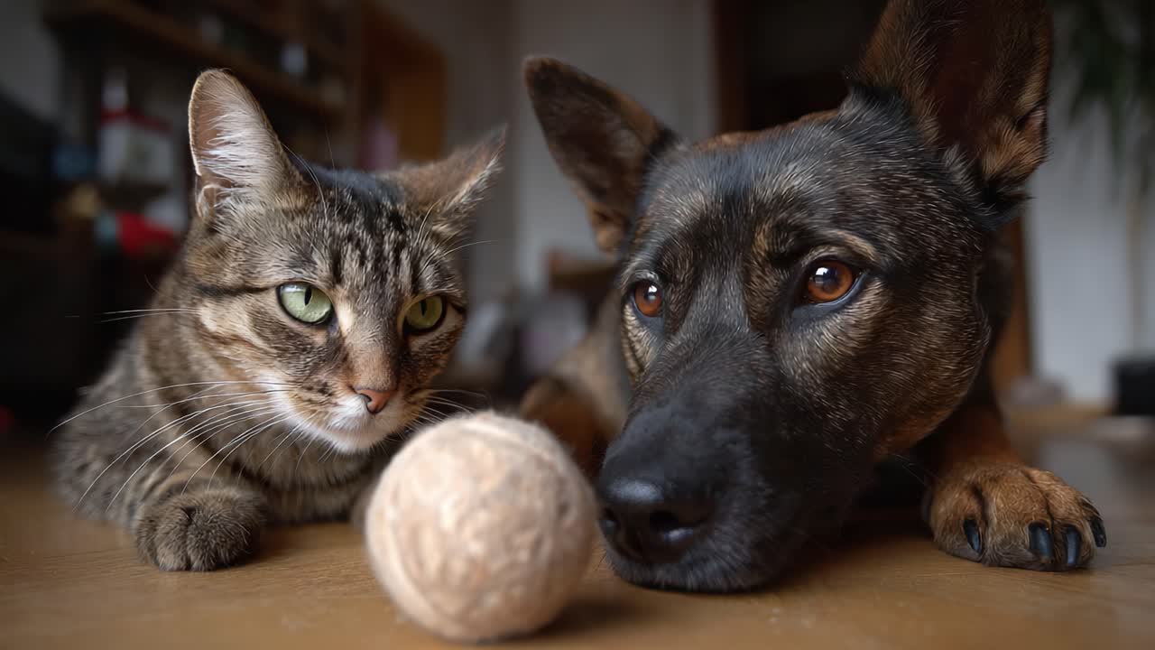 Un cane e un gatto curiosi aspettano giocando insieme con un gioco da masticare in un ambiente interno accogliente