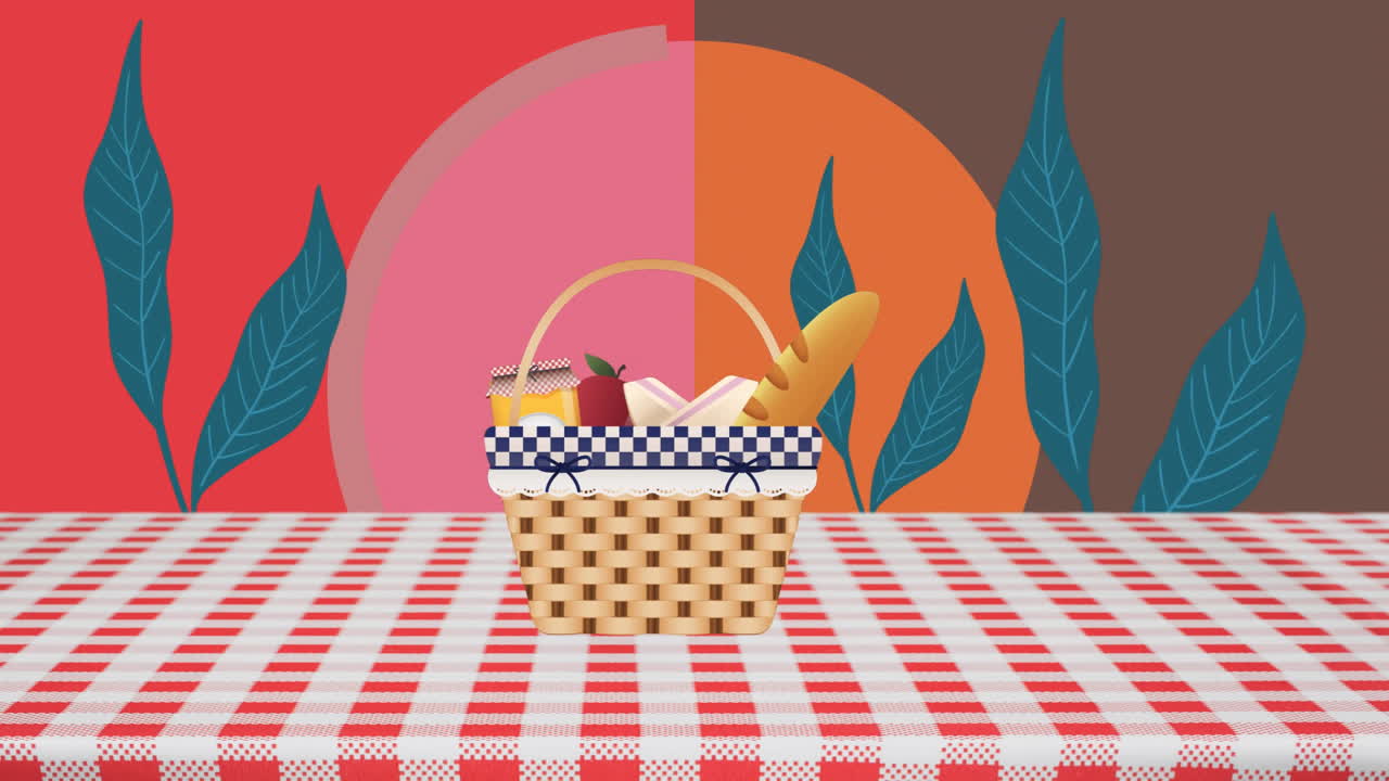 Picnickurv med brød og frugt over ternet dug, farverig animationsbaggrund