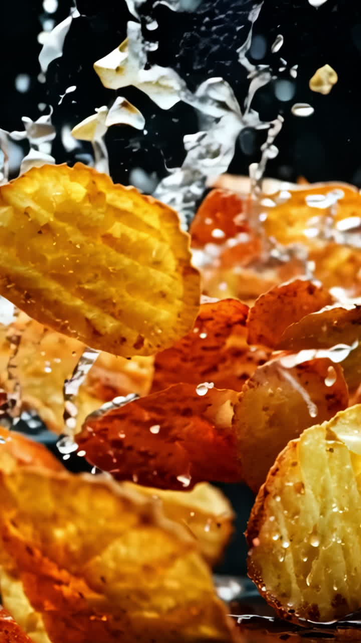 A close up of a pile of potato chips with water droplets falling on them. Concept of indulgence and relaxation, as the chips are being enjoyed in a casual setting Vertical video