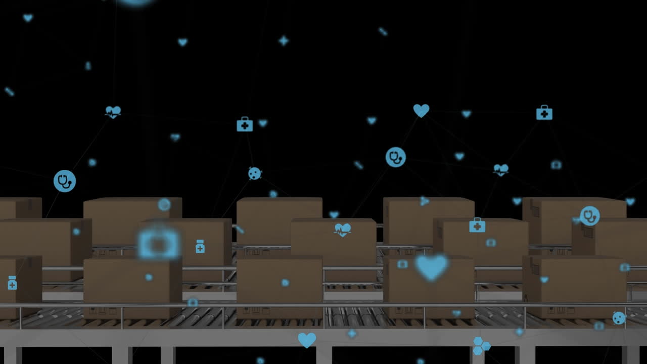 컨베이어 벨트의 상자 위에 있는 미디어 아이콘의 애니메이션