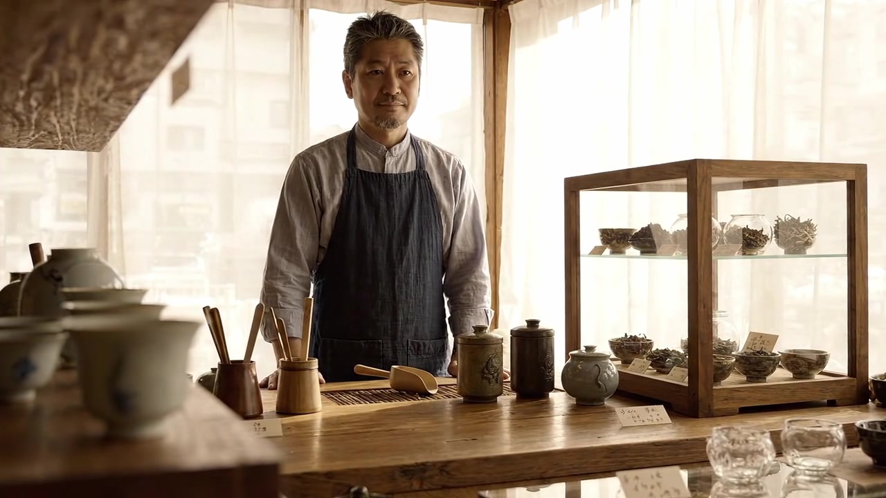 陽光が差し込む穏やかな茶店の店内。熟練の職人がお茶を準備しており、美しい急須や自然素材の材料が豊富に並べられている。
