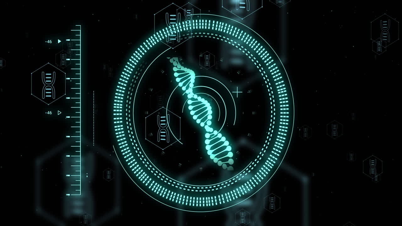 animazione del filamento di dna e elaborazione digitale dei dati su sfondo nero