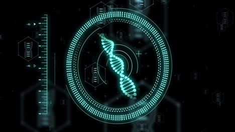 animation of dna strand and digital data processing over black background