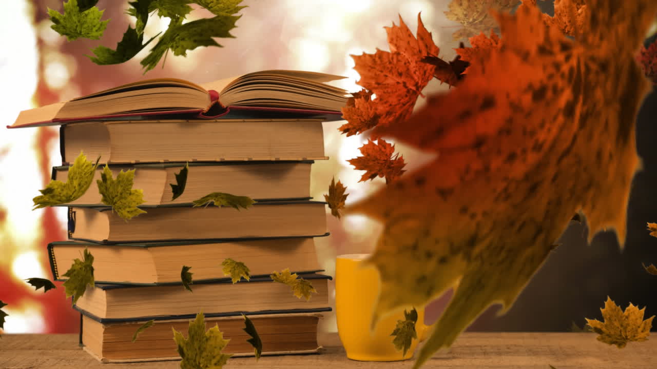 Animation of stack of books with autumn leaves falling over glowing lights
