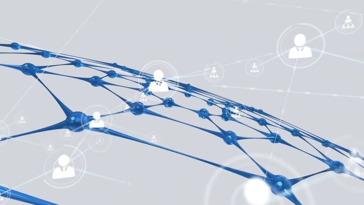Animazione di una rete di connessioni con icone su una rete blu