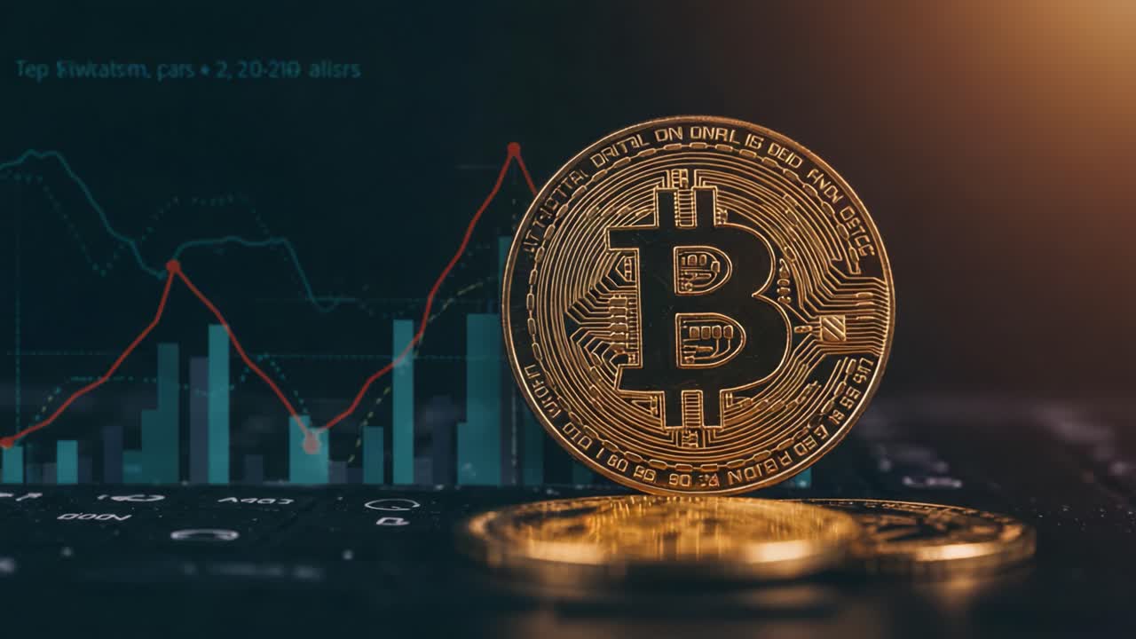 Analyzing Cryptocurrency Trends: A Close-Up of Bitcoin with Financial Graphs and Market Data in the Background