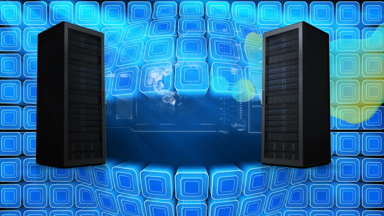 dos servidores de computadora y un globo giratorio contra un diseño de forma cuadrada sobre un fondo azul