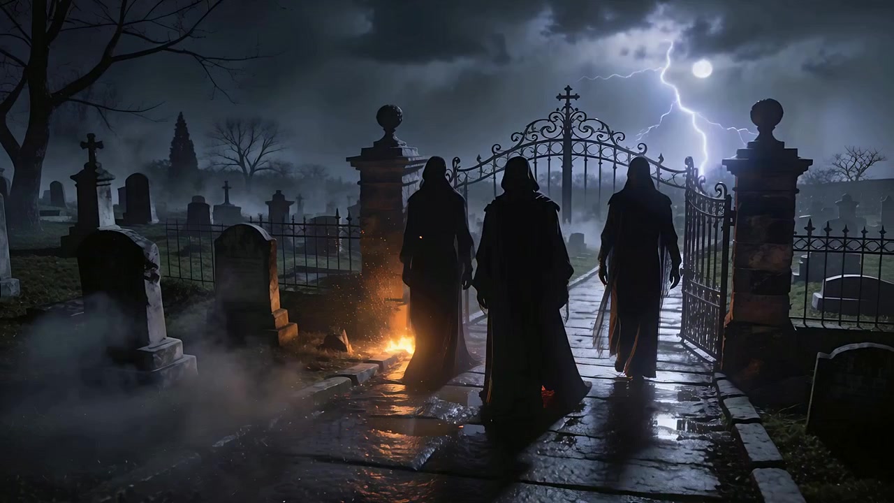 Un fulmine che illumina tre figure ammantate che camminano attraverso il cancello del cimitero in mezzo alla nebbia per un rituale.