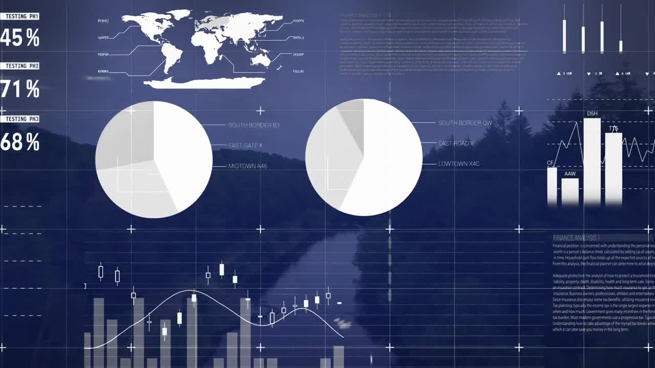 Animation of financial data processing over landscape