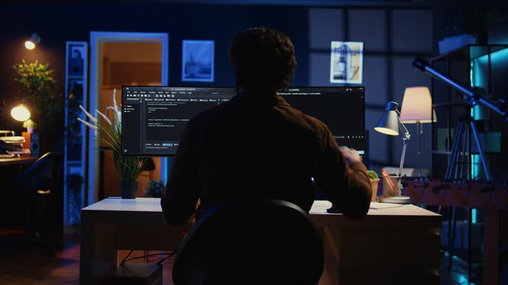 Software engineer writes complex binary code scripts on computer