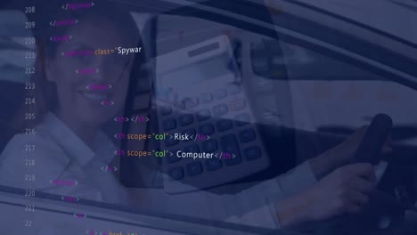 animation of numbers processing over calculator and female driver